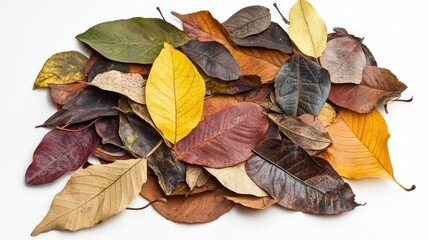 Colorful Autumn Leaves Pile on White Background for Nature Photography