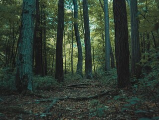 Fototapeta premium Lush Forest Pathway Surrounded by Tall Trees and Green Foliage