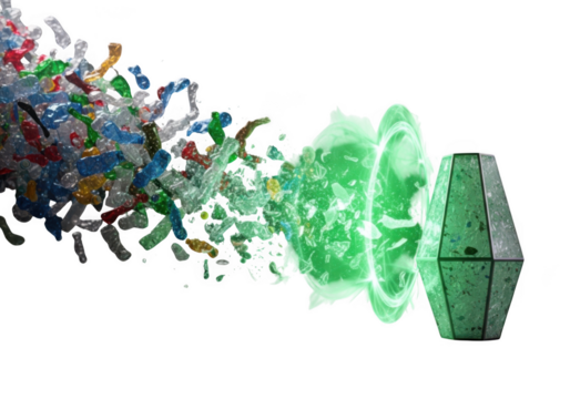 A dynamic visual representation of energy transfer, with colorful particles colliding and transforming into vibrant green light and waves against a clean white backdrop. - Powered by Adobe