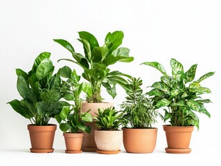 Fototapeta premium Diverse Collection of Indoor Green Plants in Clay Pots on White Background