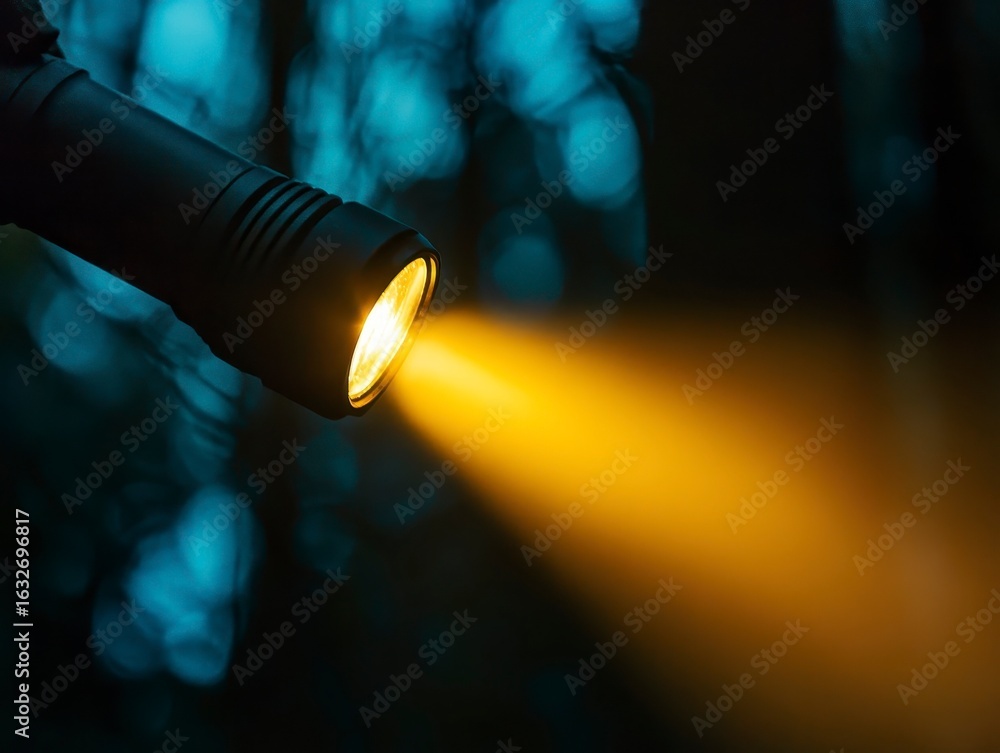 Poster flashlight beam illuminating dark forest with bokeh background effects