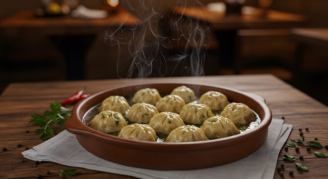 A ceramic dish of dushbara with tiny dumplings on a restaurant table