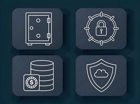 Four icons representing security and finance concepts