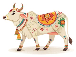 Decorated sacred cow with traditional indian patterns and bells