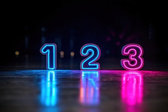 Bright neon numbers one two and three glow in the dark with reflective surfaces