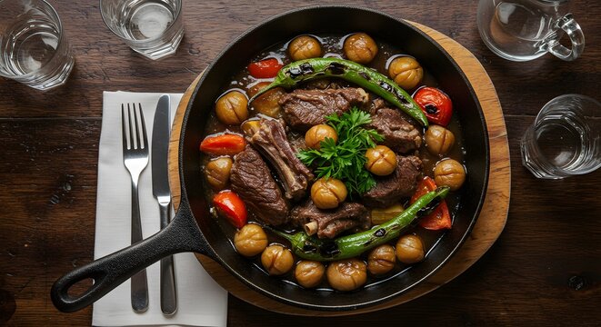 An iron skillet of bozbash with chestnuts and lamb on a restaurant table