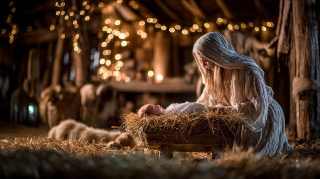 Mary gazes lovingly at the newborn Jesus in a rustic stable during Christmas celebrations