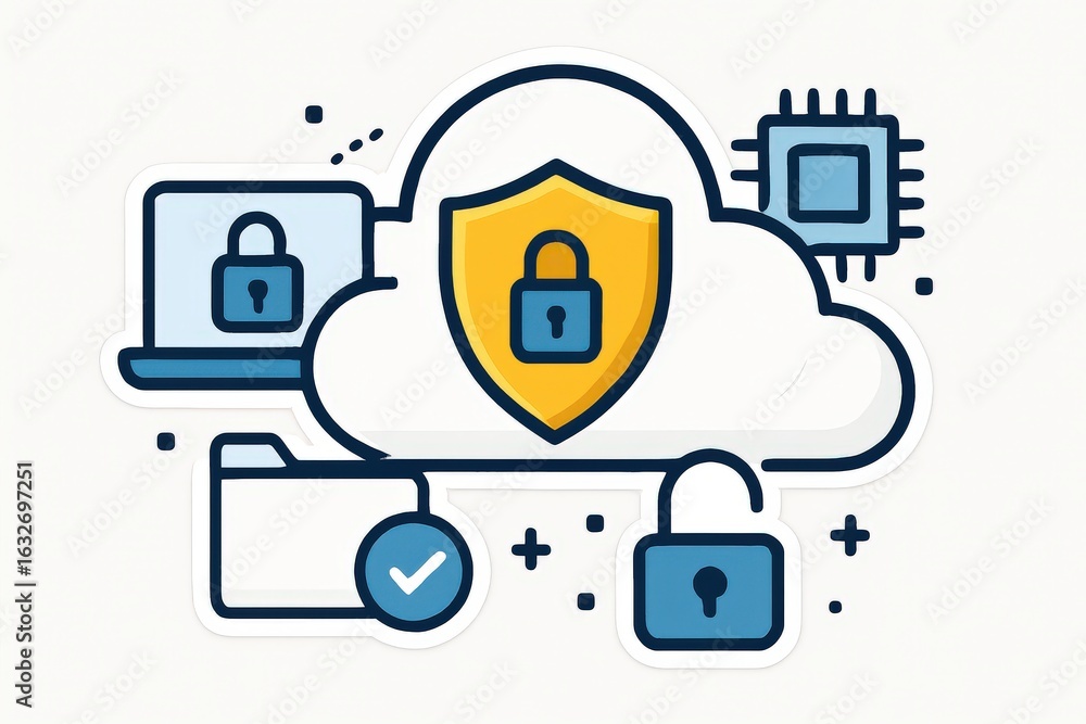 Poster cloud technology shield representing data protection and digital security in a visually engaging man