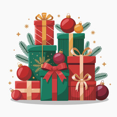 Christmas Gift Boxes with Ribbons and Holiday Ornaments