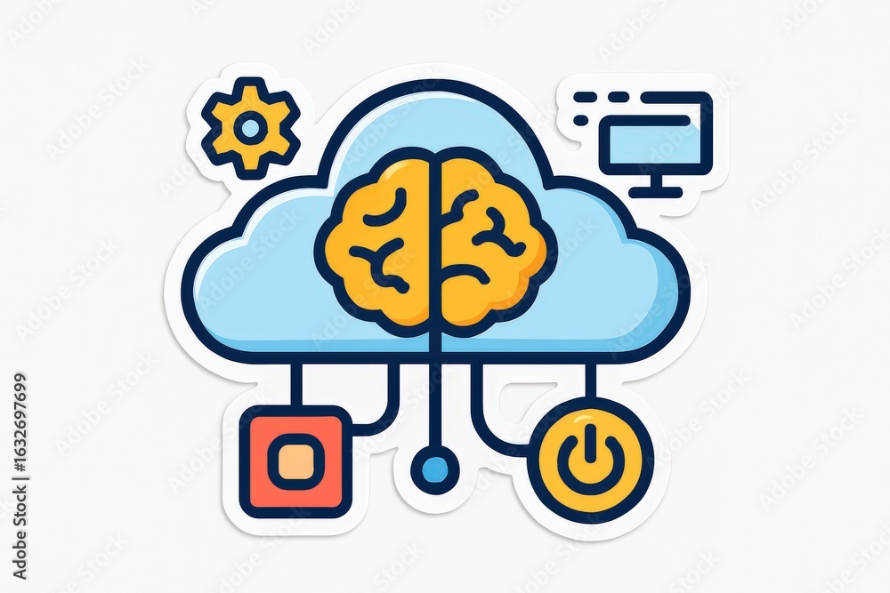 Poster abstract illustration of a cloud representing digital intelligence with a brain graphic integrated a