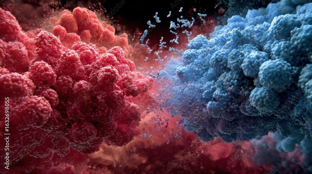 Poster artistic rendering of transfusion incompatibility showing antibodies colliding with donor cell membr