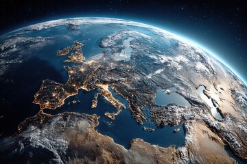 View of Europe and parts of Africa from Space Showing City Lights at Night