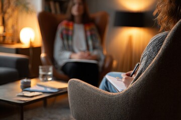 a person sitting in a cozy chair with a therapist across from them, warm lighting, notebooks and tissues on the table, supportive and empathetic setting
