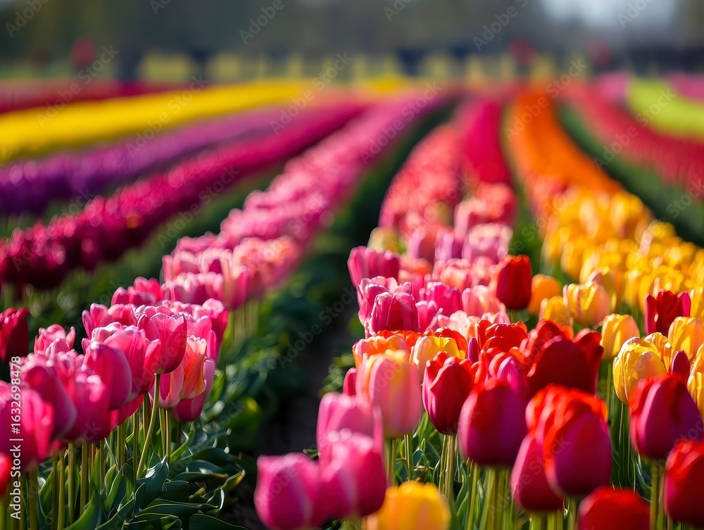 Poster vibrant tulip fields with rows of colorful blossoms in spring