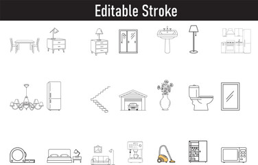 Interior Design Elements Vector Illustration Set Home Furniture and Appliances Editable Stroke Line Art Style