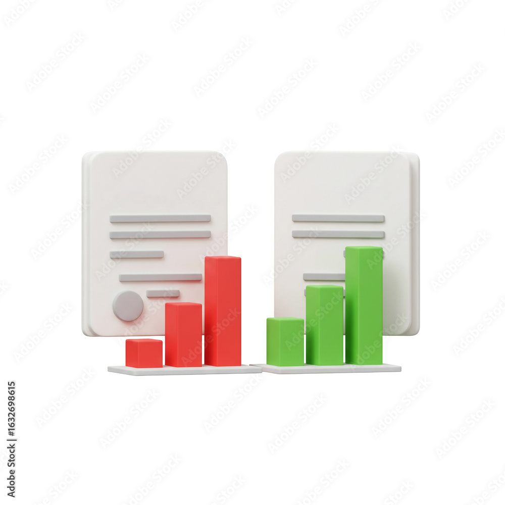 Poster business data reports with rising green graph and falling red graph