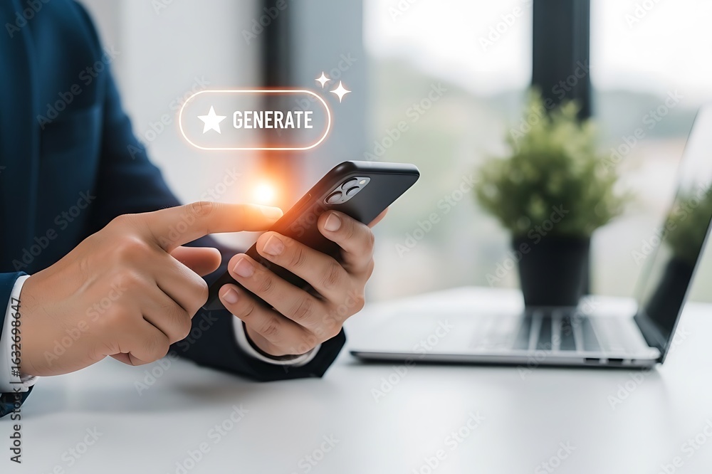 Poster man in suit tapping generate button on smartphone with laptop and plant in office