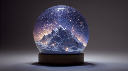 Surreal Snow Globe with Glowing Mountain and Stars