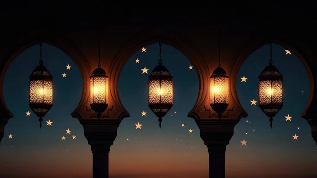 A row of lanterns with stars hanging from them. The lanterns are lit up and the stars are shining brightly