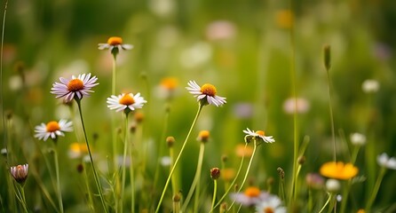 Delicate wildflowers bloom in a sunlit meadow with soft green bokeh background