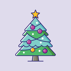 Illustration of a Decorated Christmas Tree with Star Topper on Blue Background