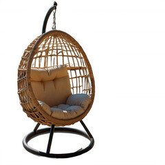 Egg shaped hanging chair with beige cushions on a black background