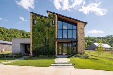 This contemporary house design seamlessly integrates natural greenery and boasts expansive windows, all set in a tranquil rural environment surrounded by lush hills