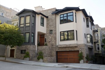 Modern house design with unique architecture on a sloped street in an urban neighborhood, featuring stone and wood elements surrounded by greenery