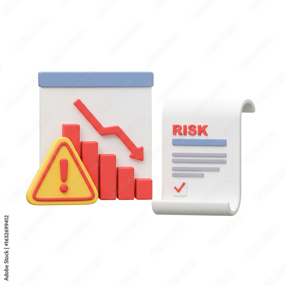 Poster decreasing red bar graph with risk document and warning sign