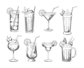 Hand drawn cocktail glass collection with lemon and mint garnish. Vintage engraved set of refreshing summer drinks.
