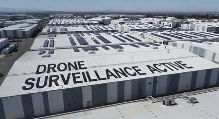 Obraz premium Aerial View Of Drone Surveillance On Industrial Rooftop With Solar Panels