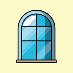 Cartoon illustration of an arched window with divided panes and sill