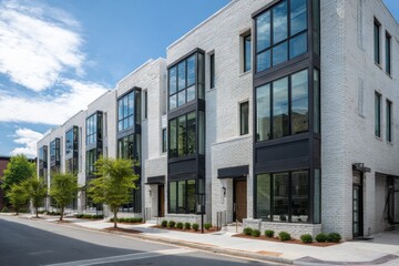 Fototapeta premium Contemporary townhouses featuring striking architectural designs and generous living spaces line a sunny suburban street on a bright, clear day