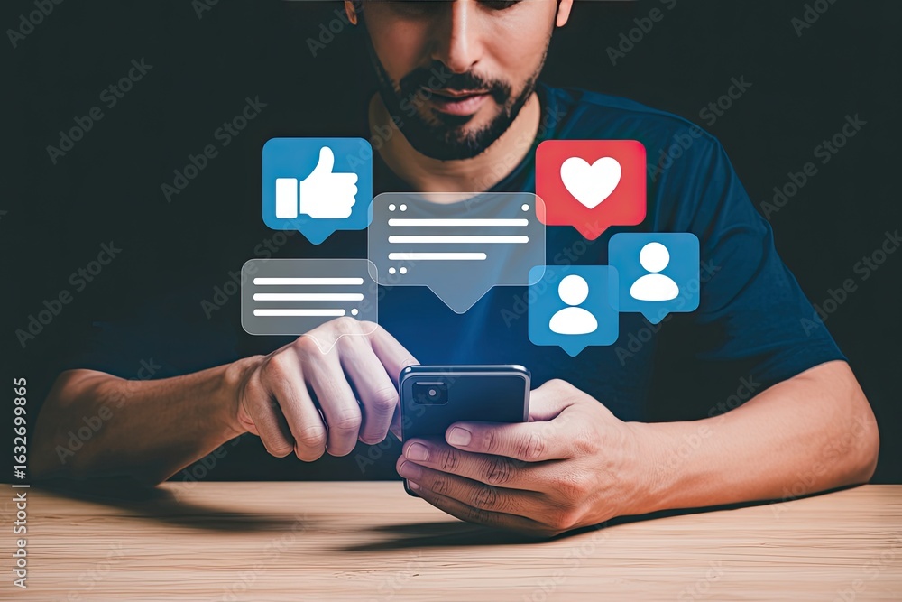Poster man using smartphone with social media notification icons like likes comments and followers appearin