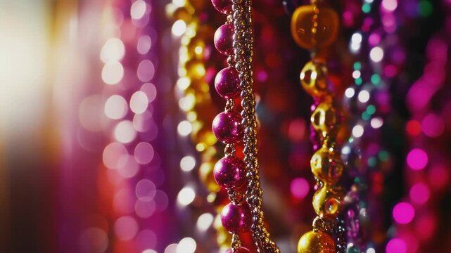 Vividly colored beads hanging in a necklace, likely used for Mardi Gras celebrations.