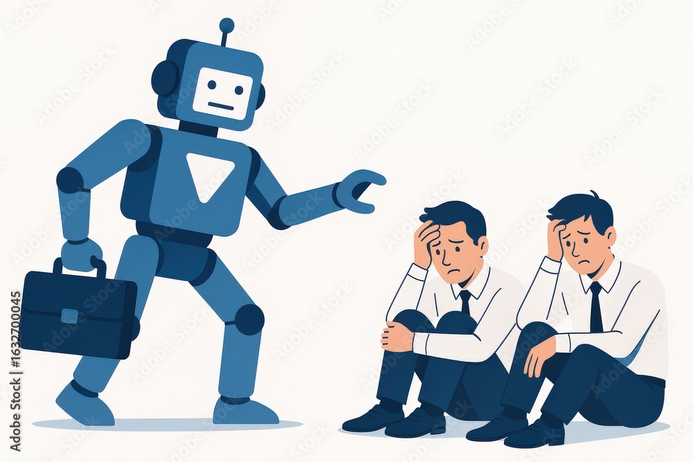 Poster a robotic figure addressing two anxious professionals expressing concern about job security amidst t