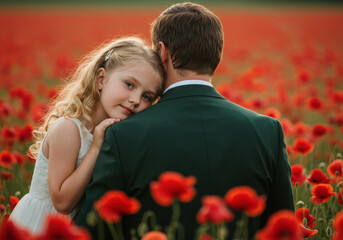 Obraz premium Father and daughter embracing in a field of red poppies at sunset