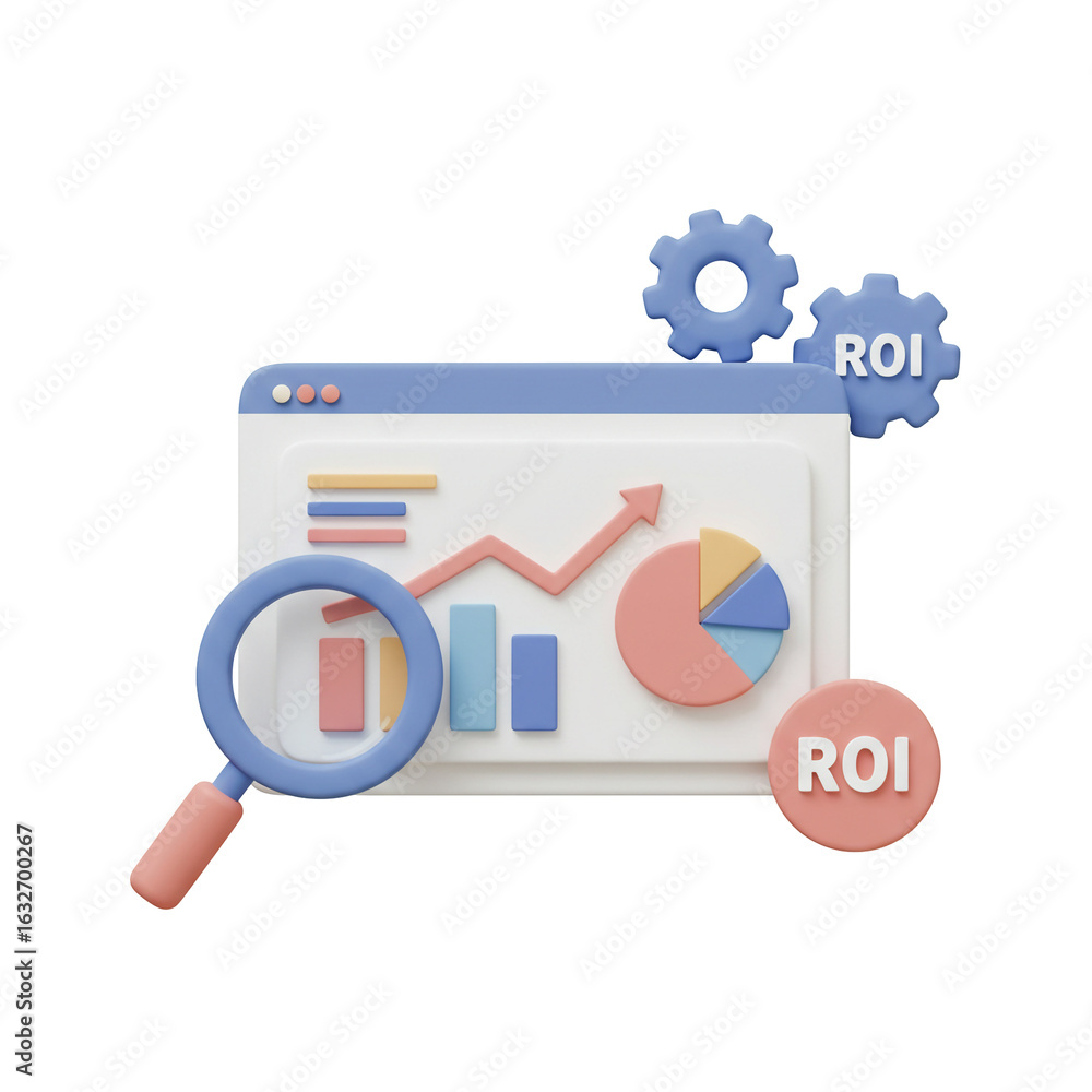 Poster financial data display with graph and magnifier on transparent background