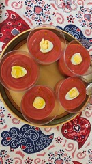 Refreshing summer dinner with tomato soup and boiled eggs on a patterned tablecloth