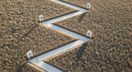 Aerial View Of Zigzagging Path Through Dry Grass Field With Home Icons