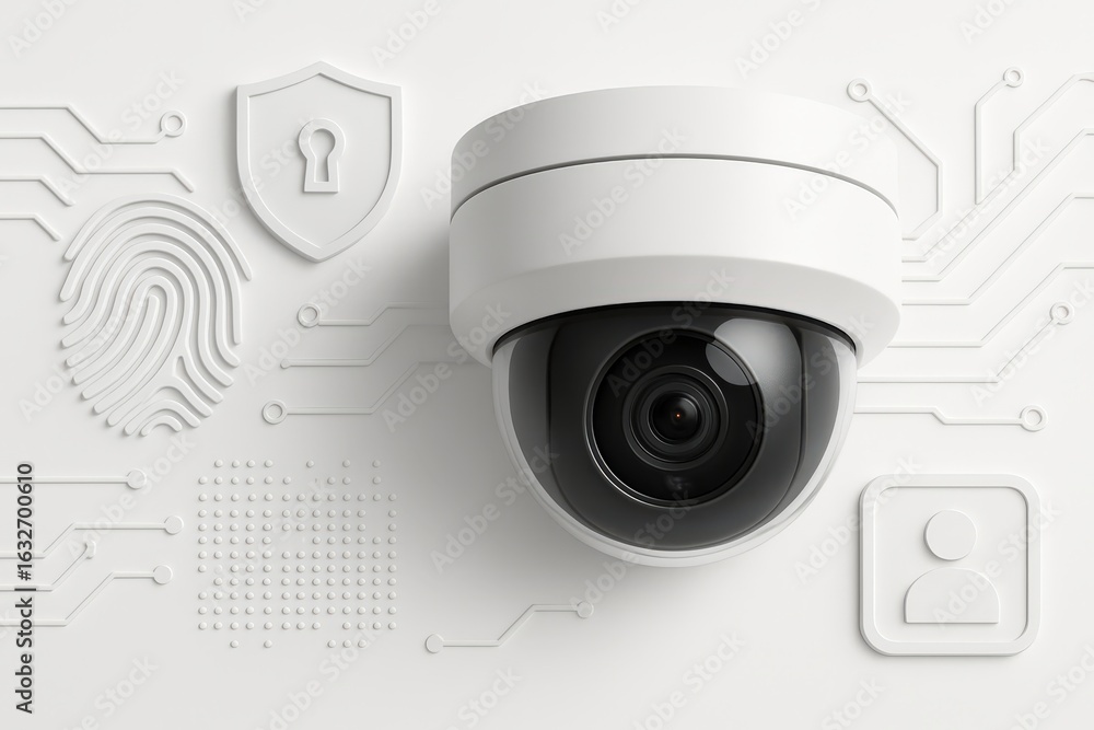 Poster cutting-edge surveillance camera against a backdrop of advanced security technology emphasizing pers