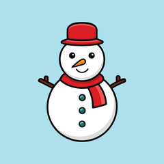 Cartoon Snowman Wearing Red Hat and Scarf on a Light Blue Background