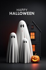 Three white ghost figures stand playfully next to a spooky black house and a carved pumpkin. The scene captures a festive Halloween spirit with a dark, moody background.