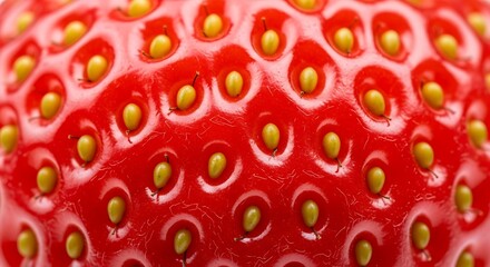 Macro shot of a vibrant red strawberry surface showing the texture and tiny yellow seeds.