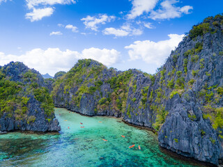 Big Lagoon and Small Lagoon at Miniloc Island near El Nido, Palawan, Philippines. Aerial 4K drone video footage of crystal clear lagoon © Audrius