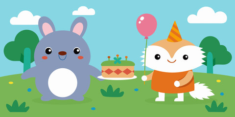 Naklejka premium hedgehog rabbit garden birthday cute scene