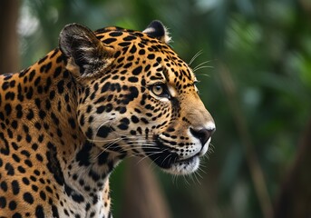 Obraz premium ジャガーの鋭い視線、緑豊かな背景の中で静かに佇む野生動物、鮮やかな色彩と自然な光で撮影