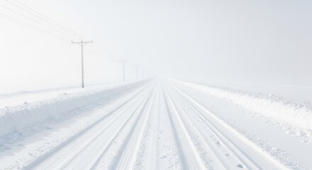 Obraz premium Empty Snowy Road in Thick Fog Leading to Horizon