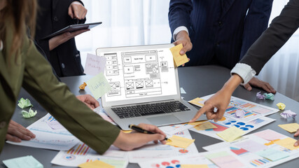 Analyst team use sticky note for creative and analytic brainstorm for business idea with BI data...