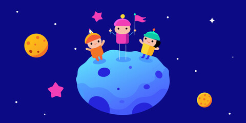 Fototapeta premium tiny astronauts birthday floating asteroid